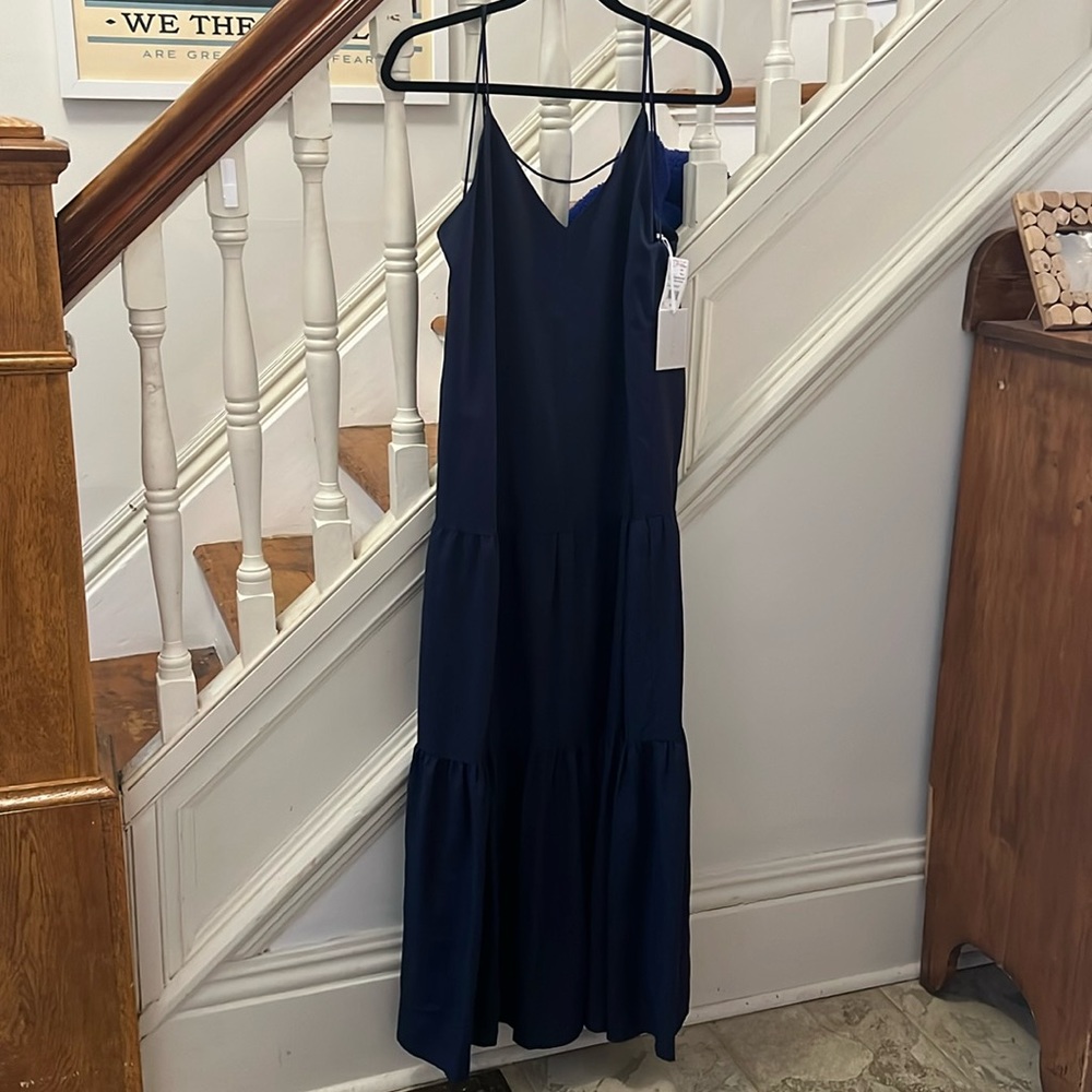 Navy Blue Silk Dress - Tiered With Spaghetti Straps - M